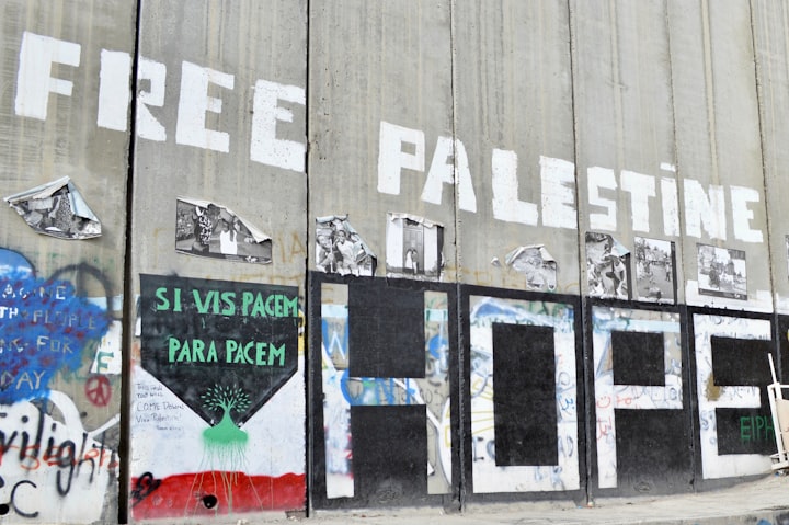 Graffiti on a wall reading "Free Palestine" and "HOPE" and "Si Vis Pacem Para Pacem" (If you want peace, prepare for peace).