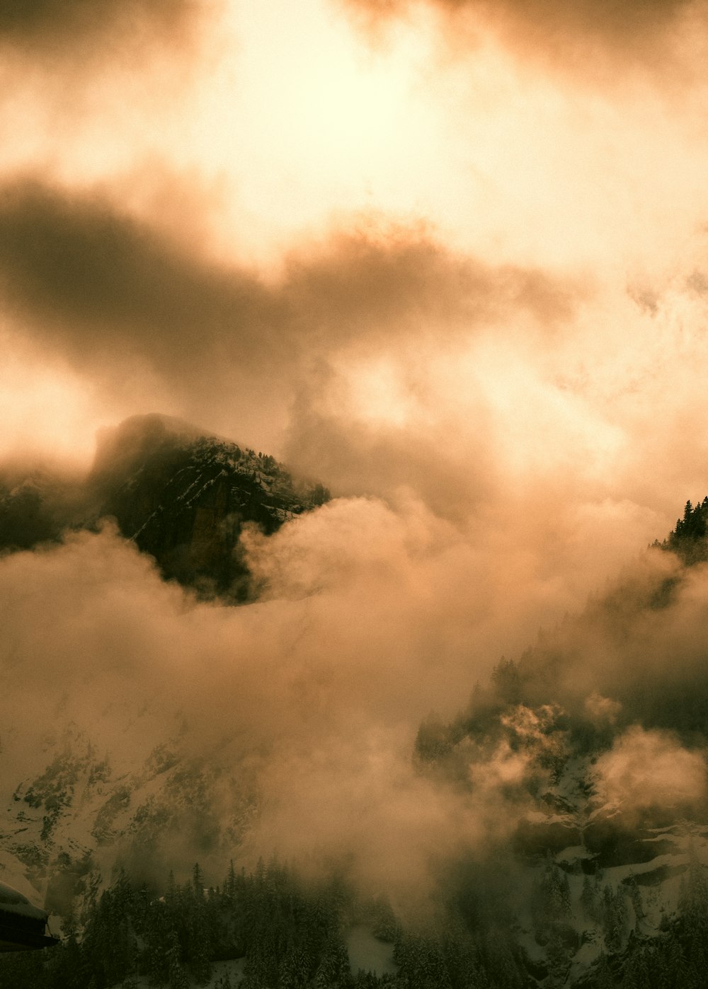 a mountain covered in clouds and trees under a cloudy sky