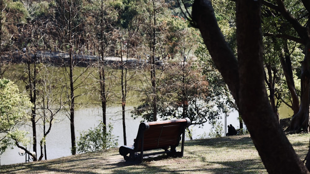 a park bench sitting next to a body of water