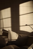 Soft sunlight filtering through a window onto a cozy meditation corner with cushions.