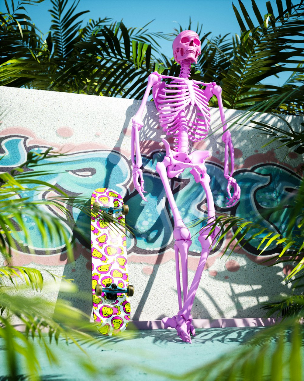 스케이트보드 위에 앉아 있는 분홍색 해골