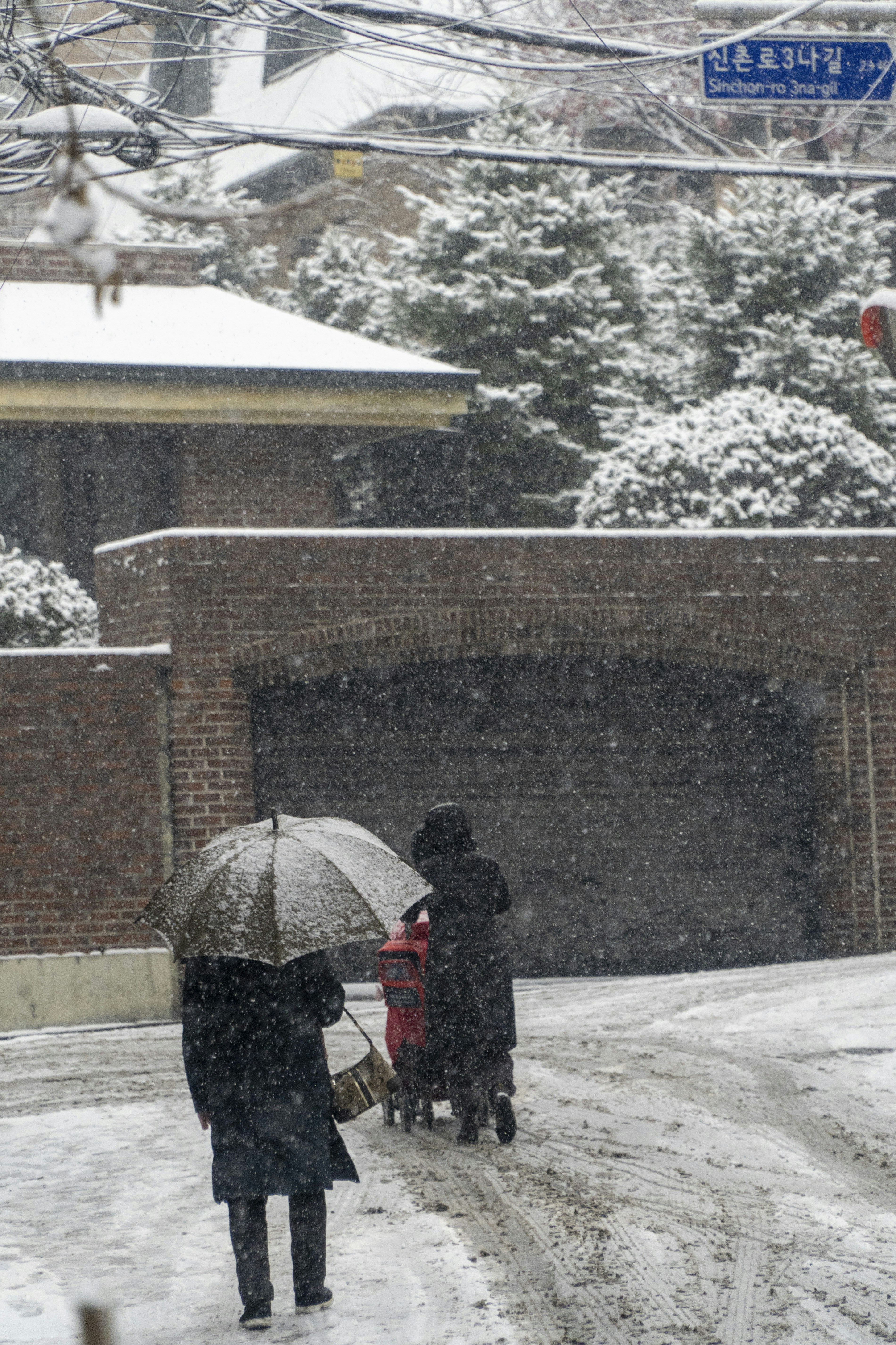 two people walking down a snowy street with an umbrella
