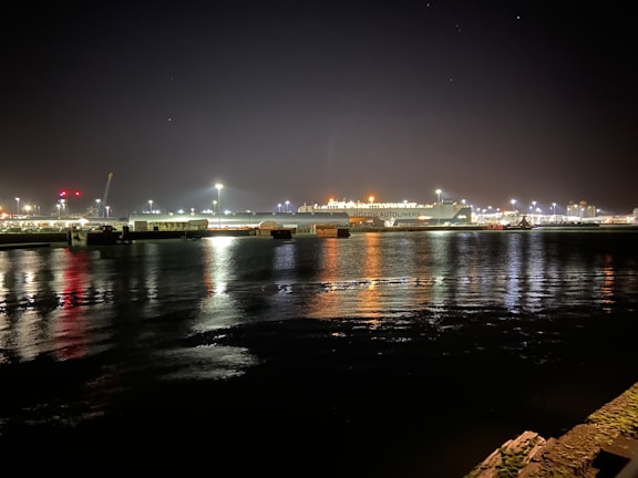Night view of a large container ship docked at an illuminated international port.