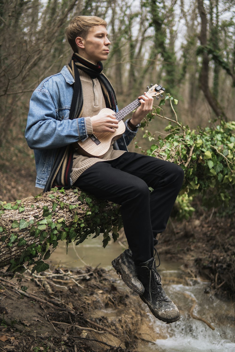 a man sitting on a tree branch playing a guitar