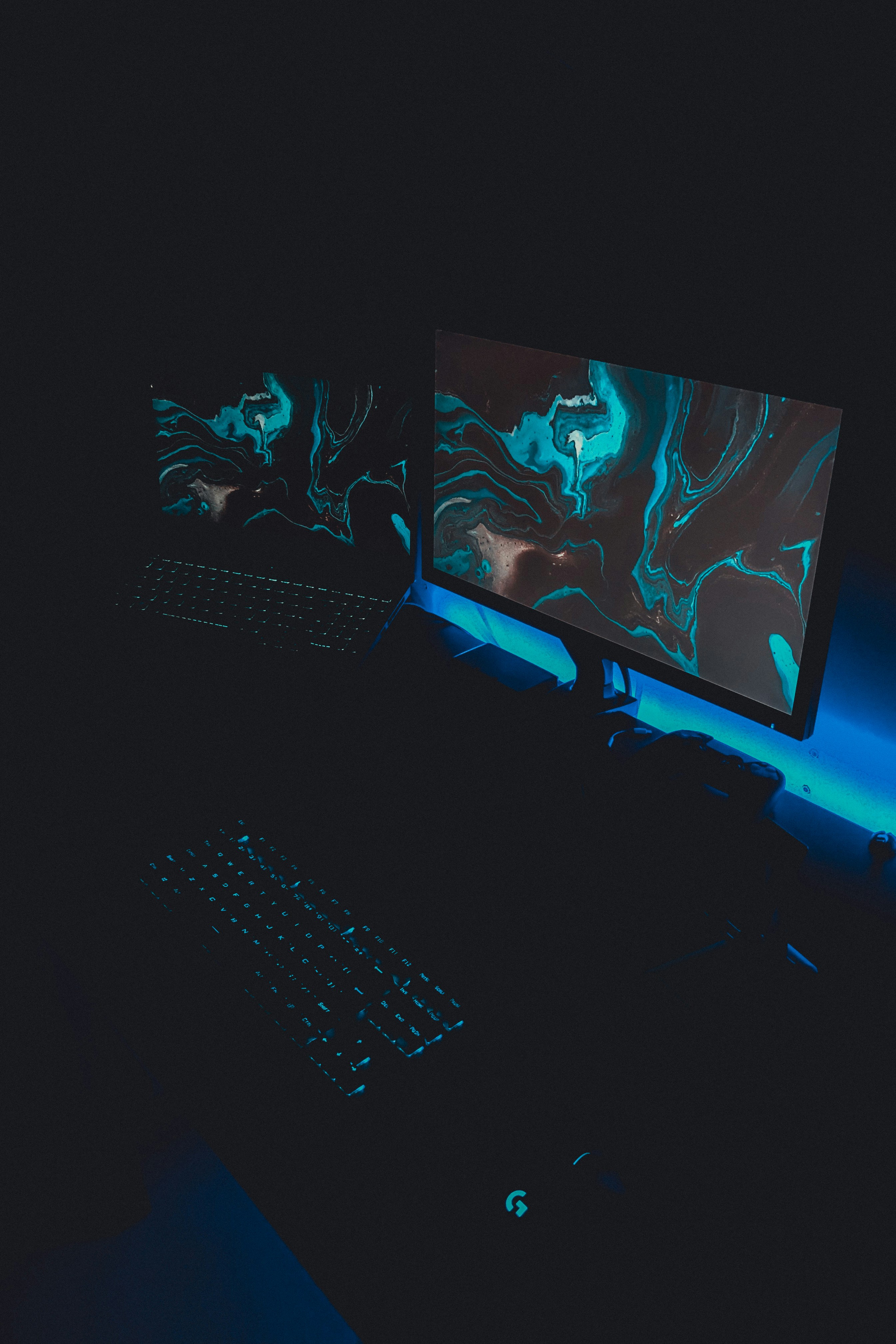 Search engine results page on a computer monitor in a dark room, blue screen glow, focused digital work