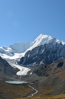 a snow covered mountain with a river running through it