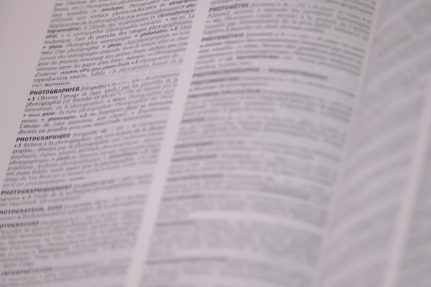 A page from a dictionary is open, displaying text in French with definitions related to photography. The text is in black and white, and the focus is on the central column with parts of the surrounding text slightly out of focus.