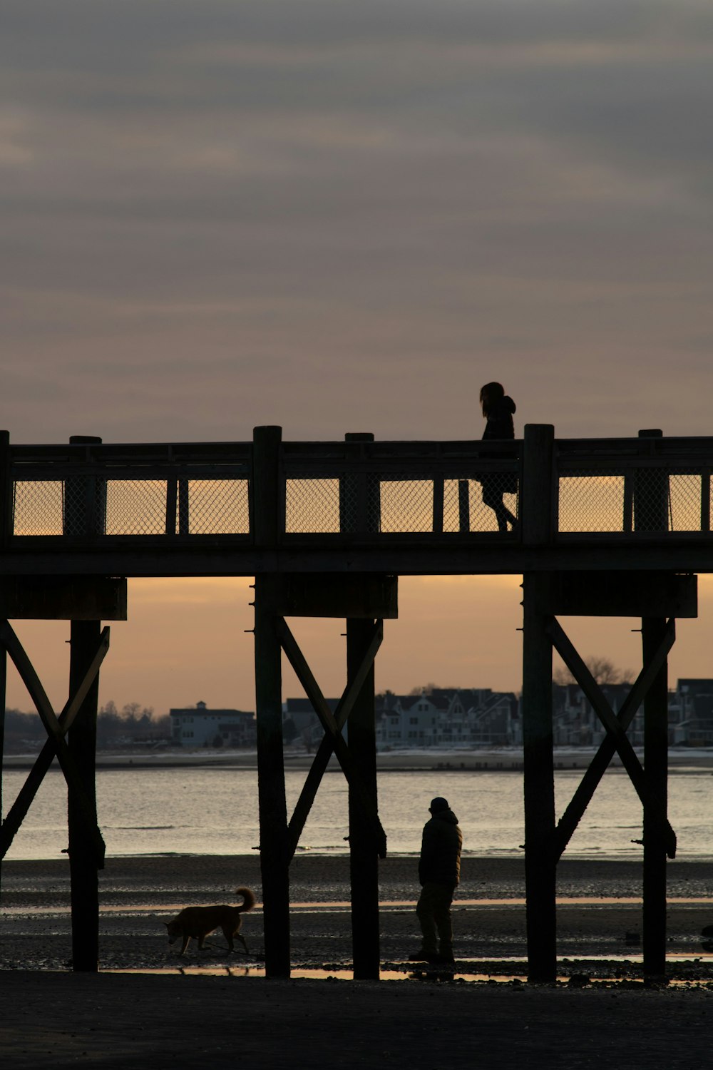 Eine Person, die bei Sonnenuntergang mit einem Hund auf einem Pier spazieren geht