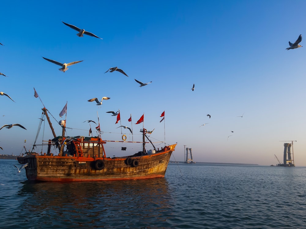 a boat in the water with seagulls flying around it