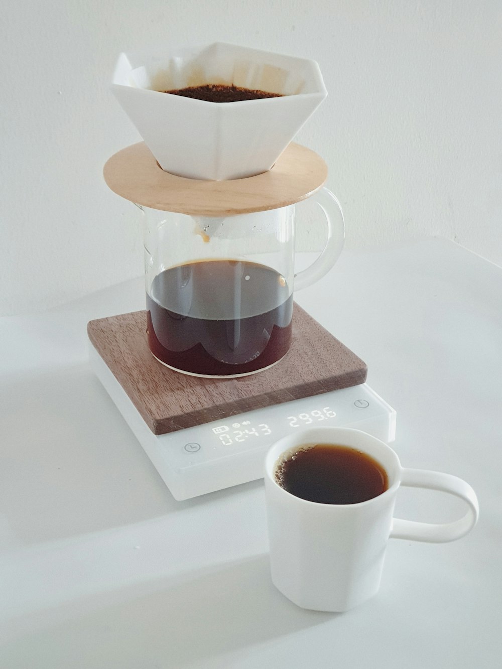 a cup of coffee sitting on top of a scale