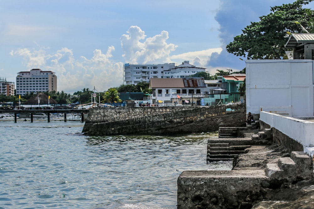 a body of water with buildings in the background