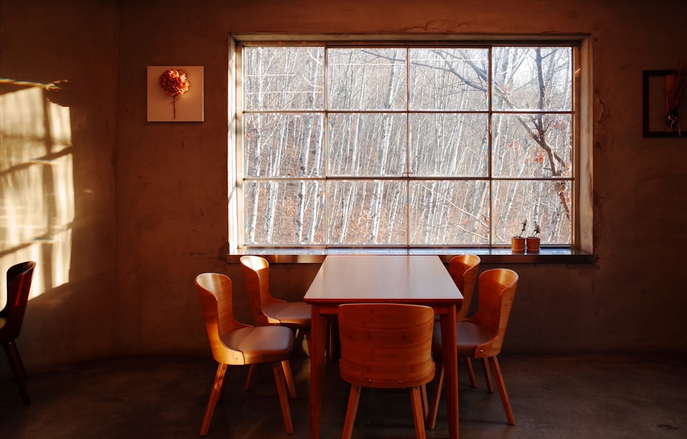 a table and chairs in front of a window