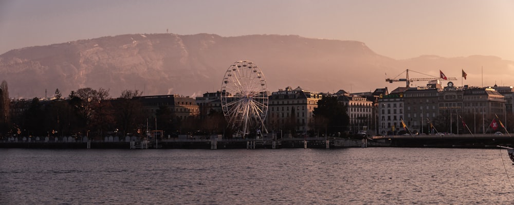 a large ferris wheel sitting next to a large body of water