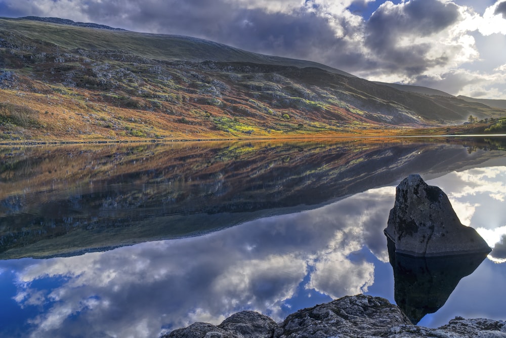 a lake surrounded by mountains with a sky filled with clouds