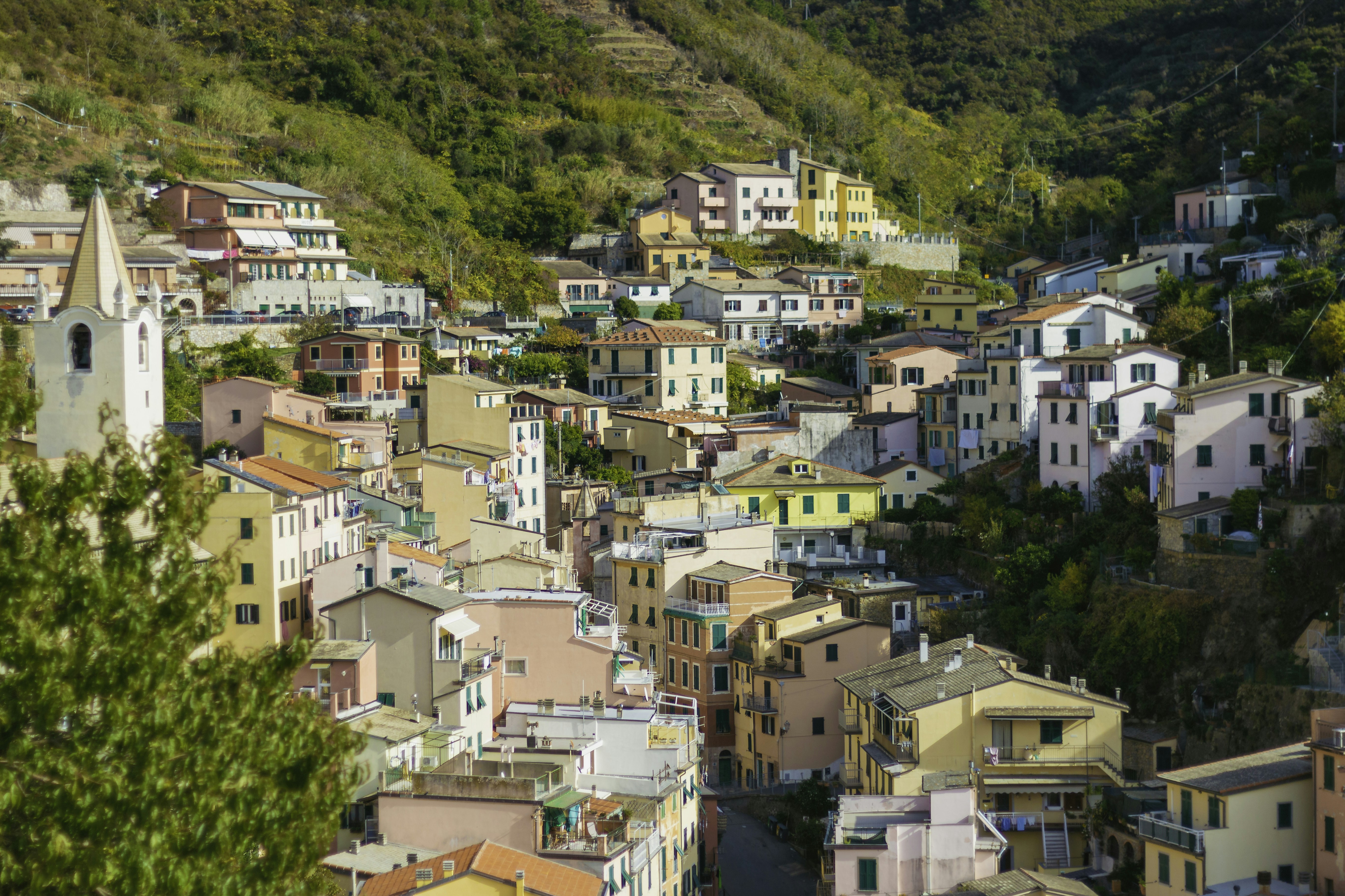 a view of a town with a steeple in the background