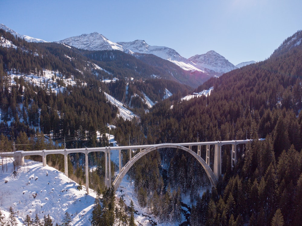 a bridge in the middle of a snowy mountain range