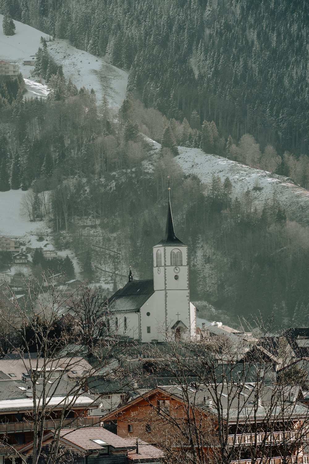 a small church in the middle of a town