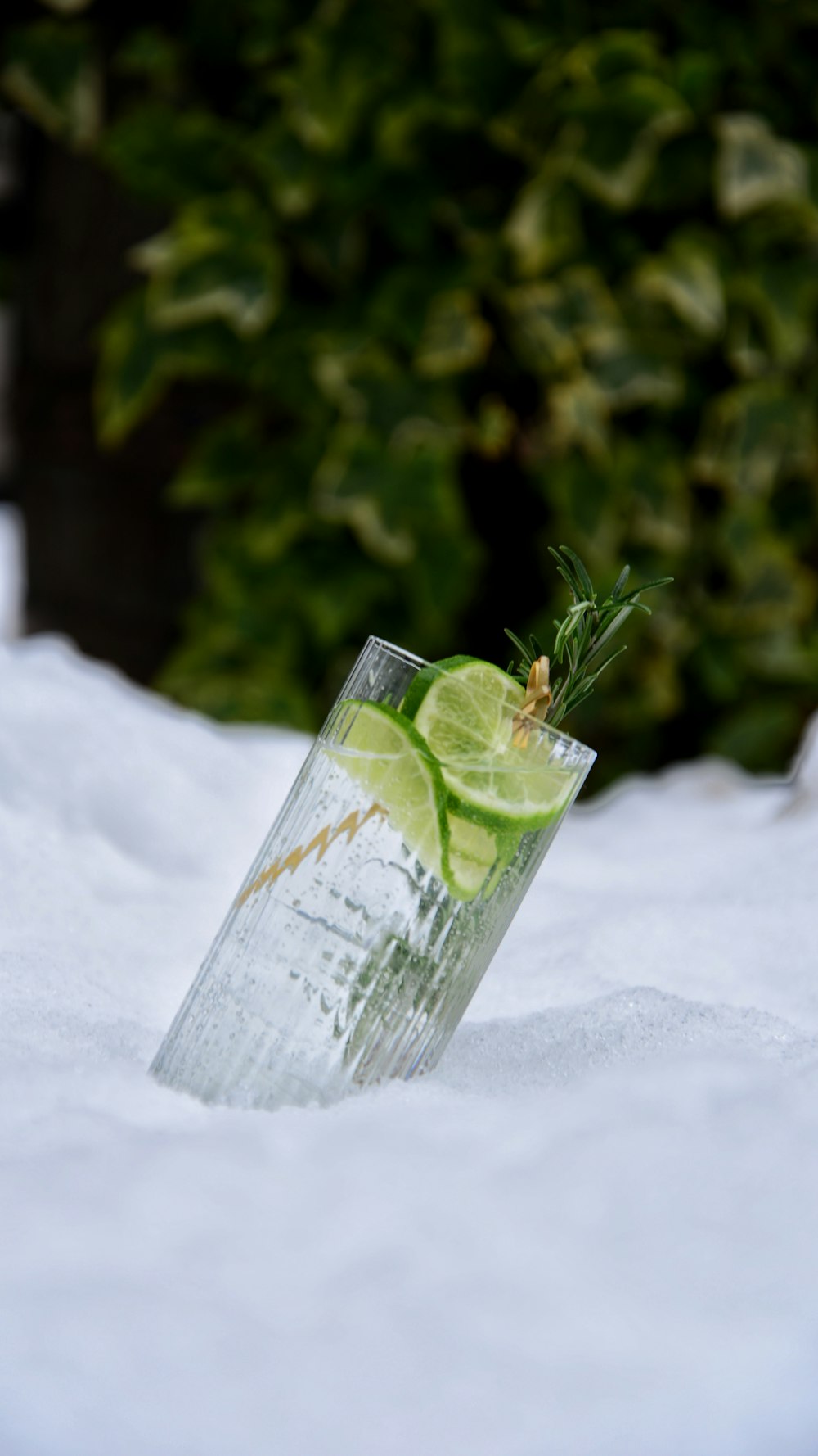 a glass filled with a lime and a slice of lime