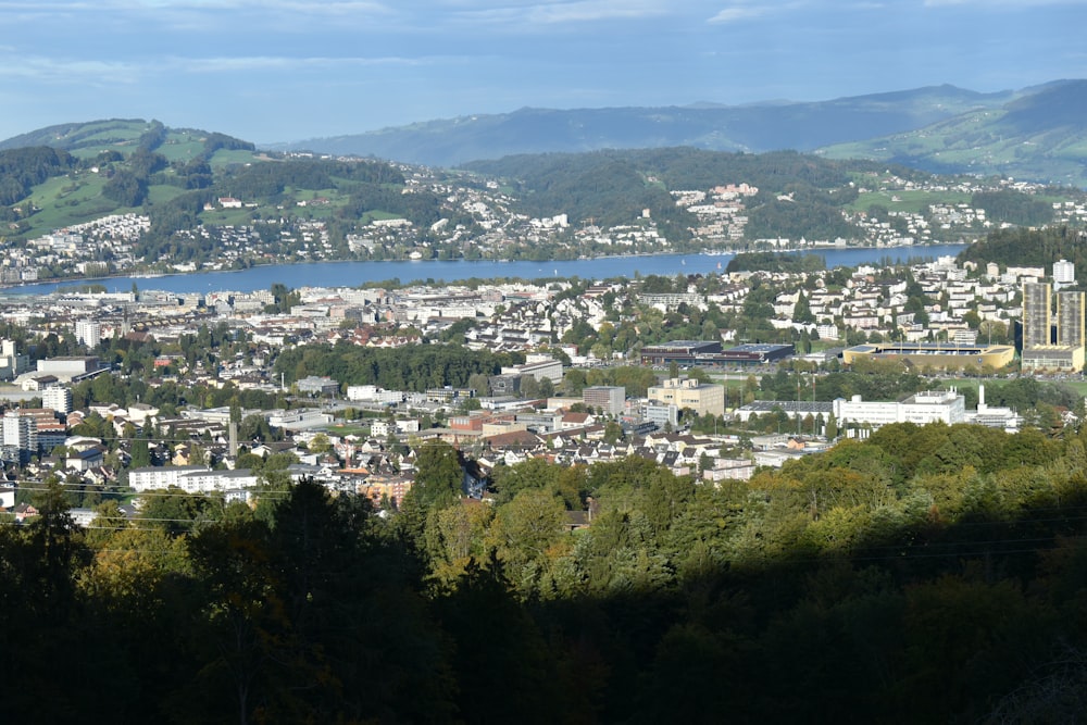 a view of a city with a lake and mountains in the background