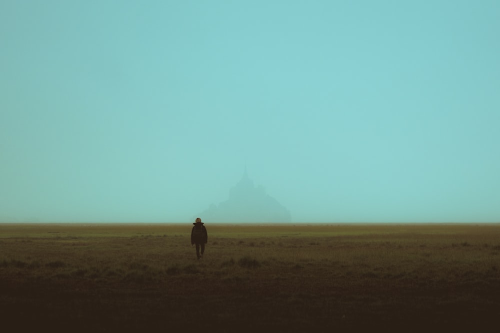 a person standing in a field with a mountain in the background