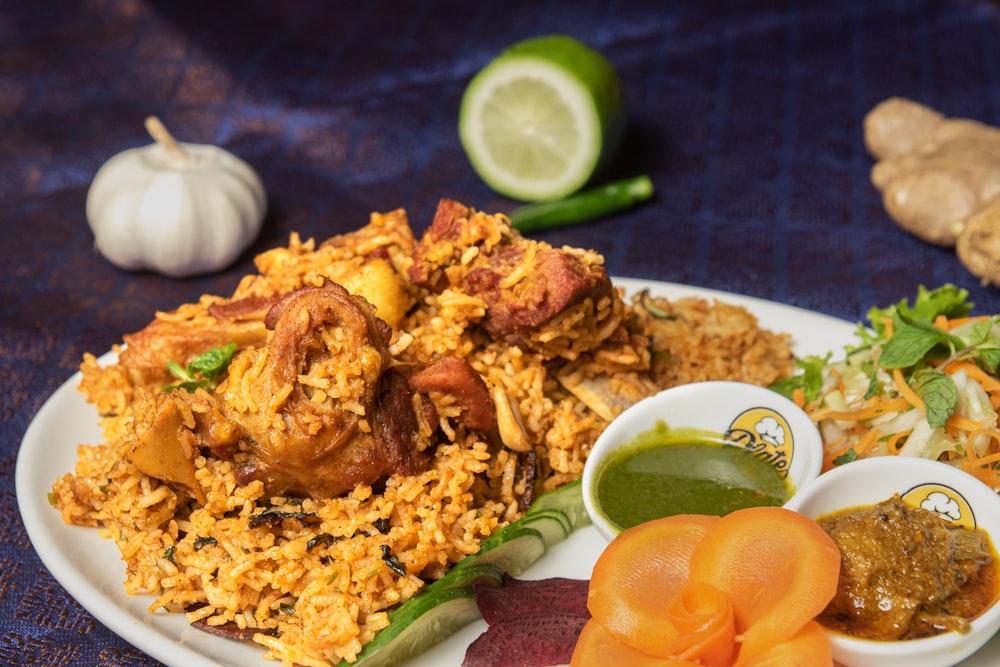 a white plate topped with rice and vegetables