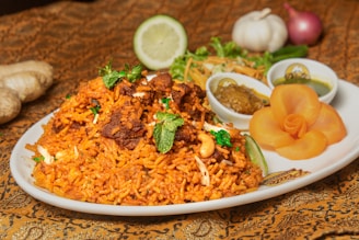 Rice platter with meat and salad