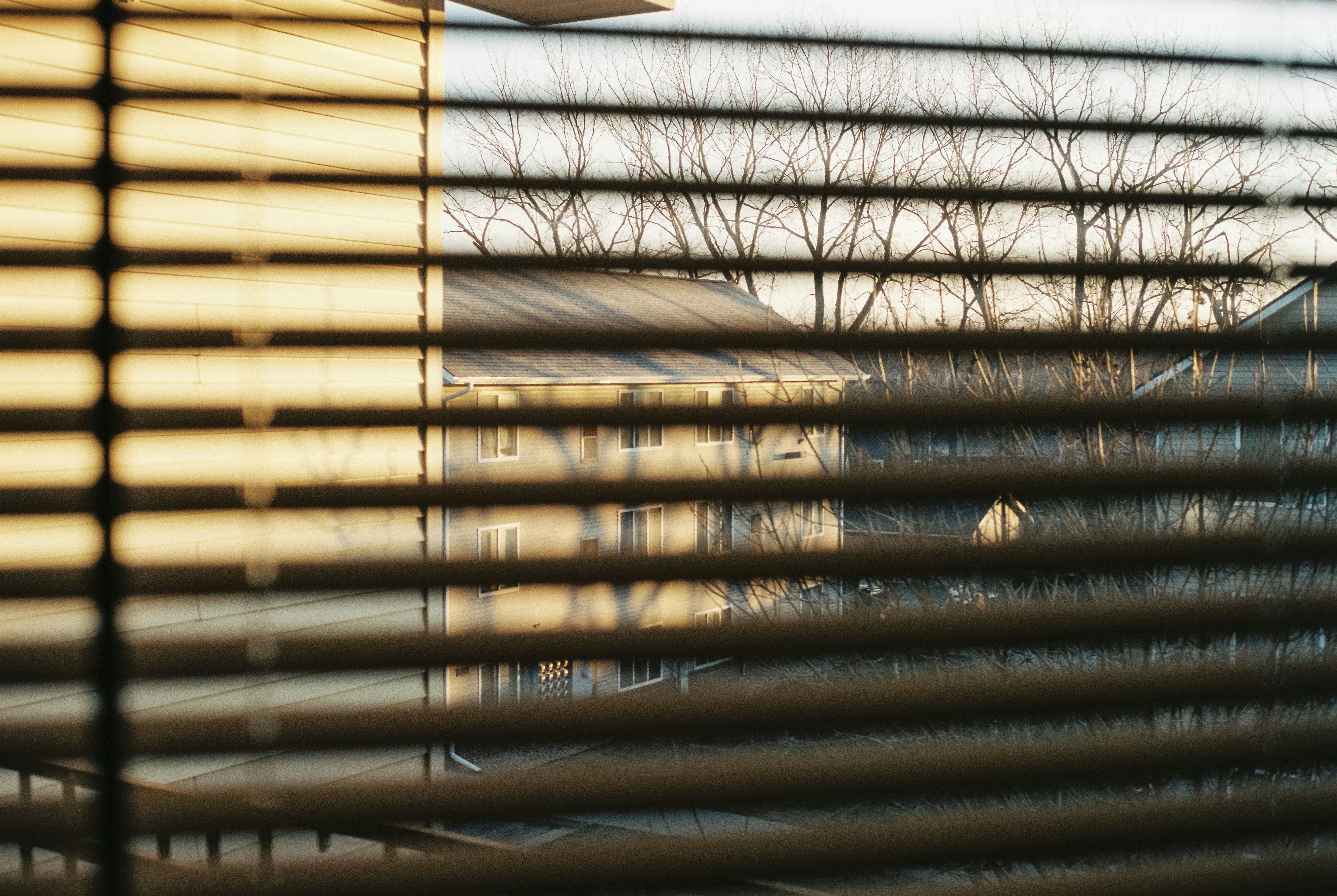 a view of a house through the blinds of a window