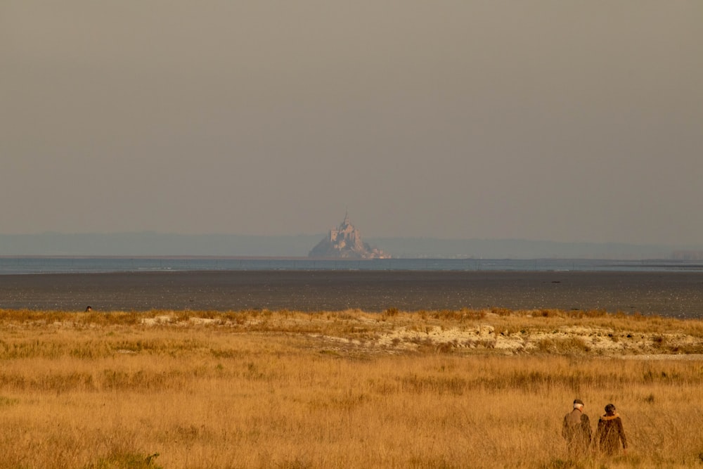 a couple of people standing in a field next to a large body of water