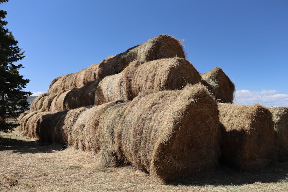a pile of hay sitting on top of a dry grass field