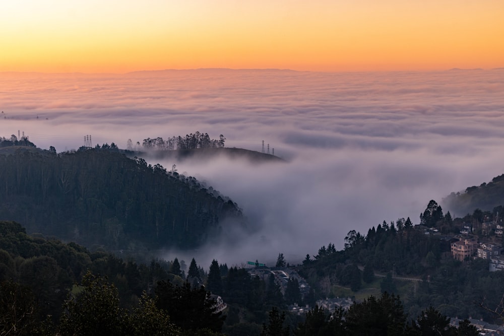 Una vista de un valle cubierto de niebla