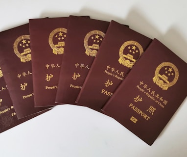 a set of five chinese passports sitting on top of each other