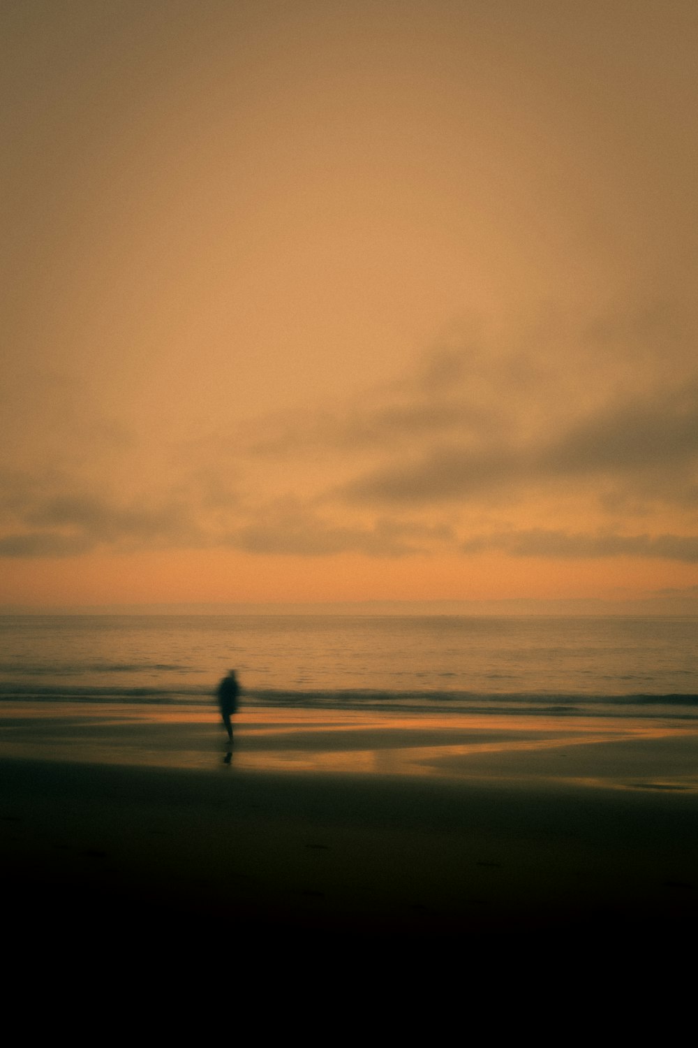 a person walking on a beach at sunset