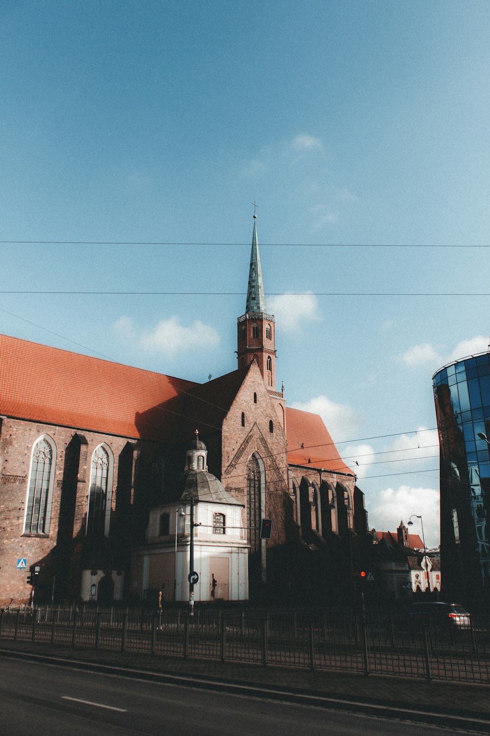 a large church with a tall steeple on top of it