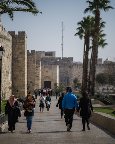 a group of people walking down a street next to palm trees