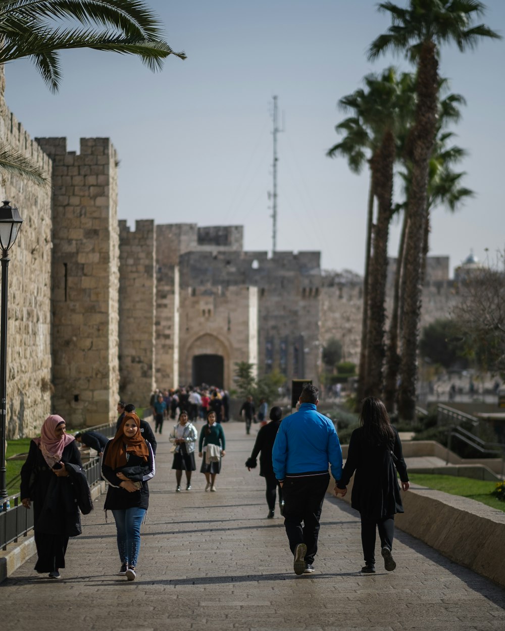 a group of people walking down a street next to palm trees