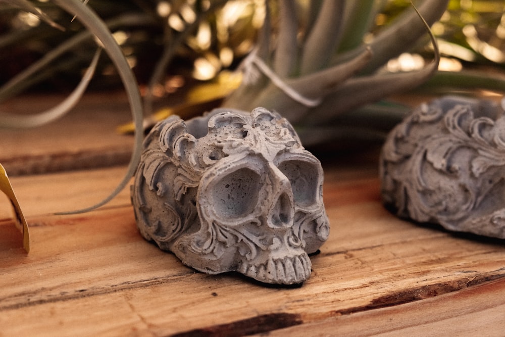 a close up of a skull statue on a table