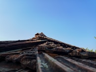 A close-up view of an old, weathered roof with overlapping clay tiles under a clear blue sky. The tiles have a rustic appearance, and some greenery is visible at the edge of the frame.