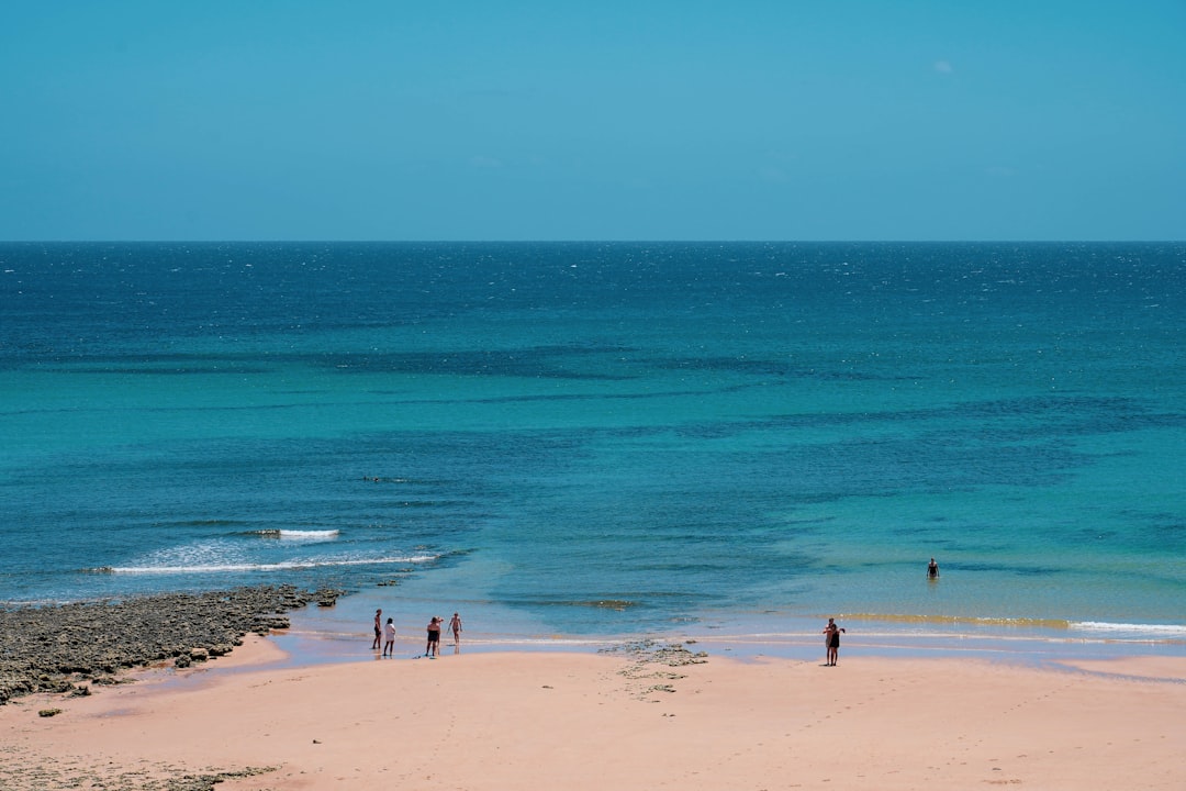 a group of people standing on top of a sandy beach,