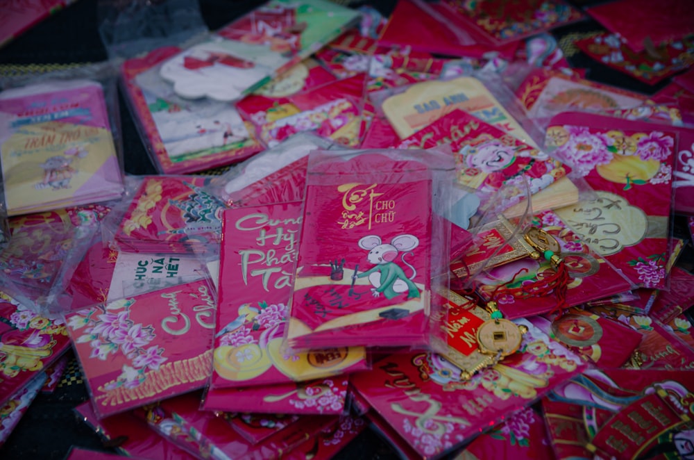 a pile of pink and yellow valentine's day cards