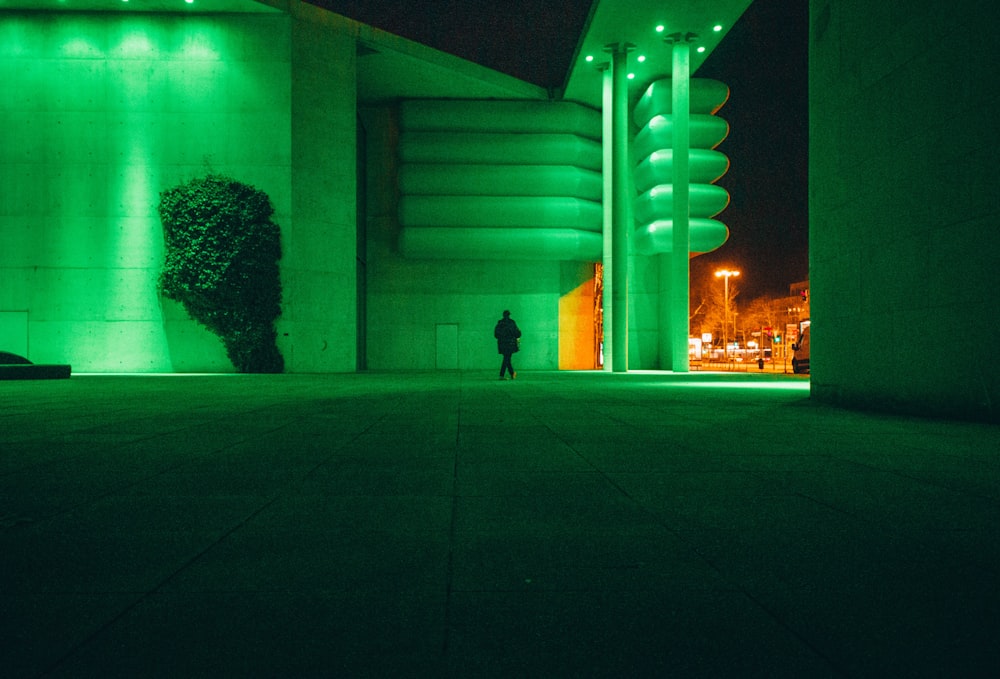 a person standing in front of a building at night