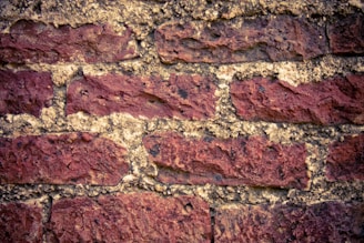 Rough, textured red bricks are stacked in a horizontal pattern, separated by light-colored mortar. The surface of the bricks appears weathered and aged.