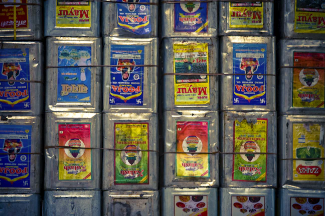 Close-up of vibrant agro-chemical containers neatly arranged on a wooden pallet.