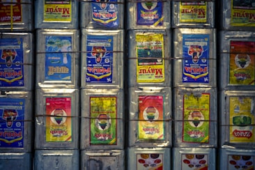 Rows of metal containers with colorful labels are stacked together, each secured by horizontal and vertical wires. The labels display vibrant designs and text in various languages.