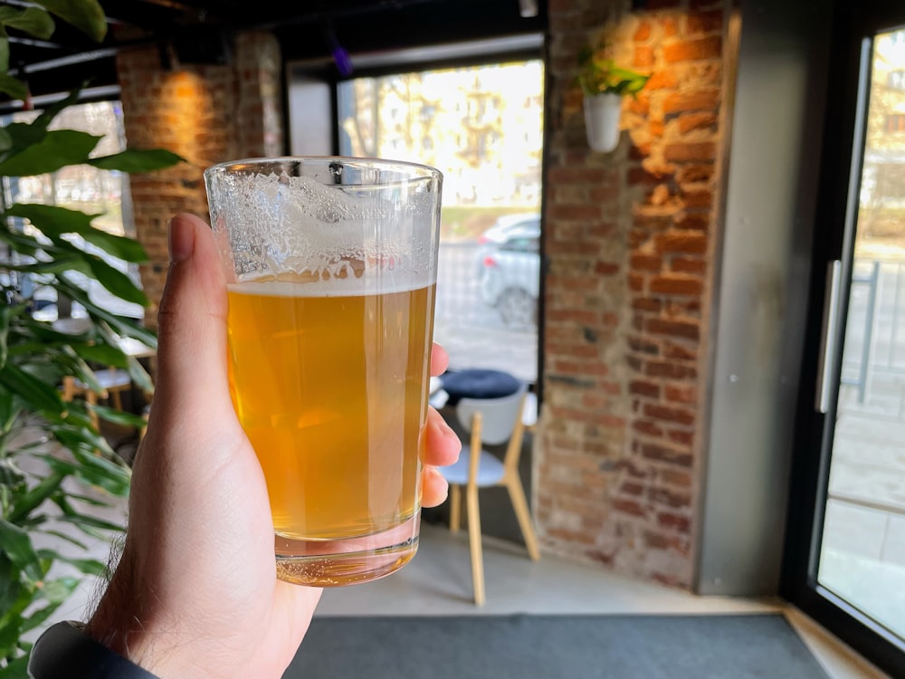 a hand holding a glass of beer in front of a window