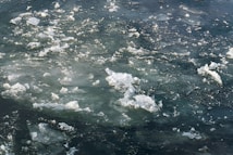 Floating pieces of ice scattered across a body of water, creating a textured and dynamic surface. The ice varies in size, with some large chunks and many smaller fragments. The water appears dark beneath the ice, enhancing the contrast between the ice and the surrounding environment.