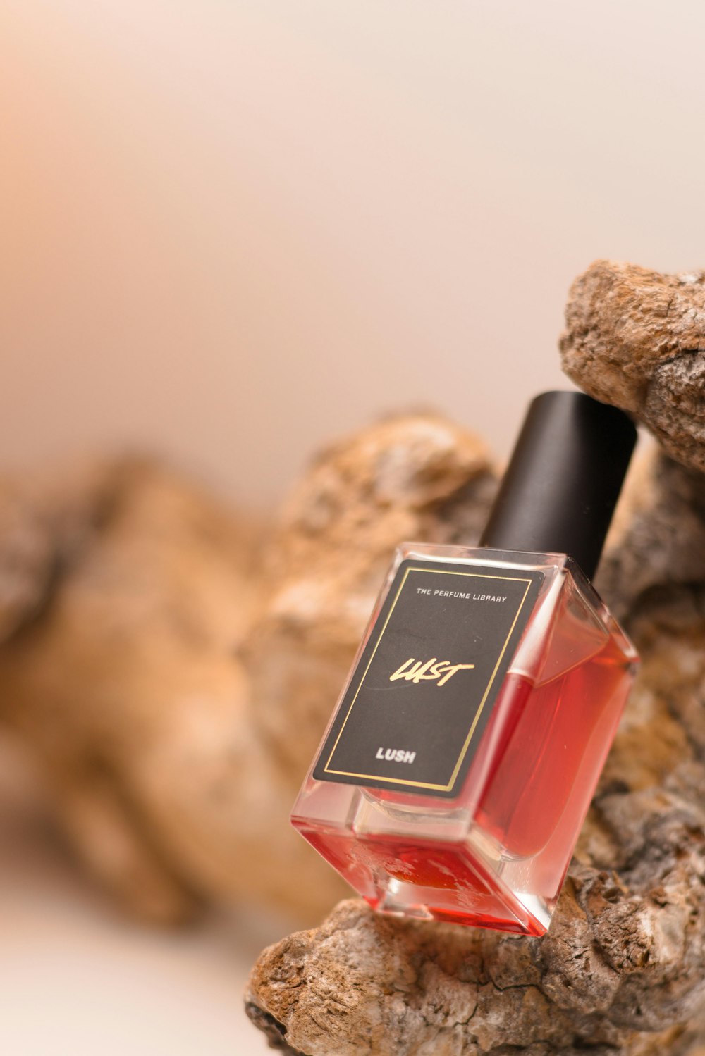 a bottle of perfume sitting on top of a rock