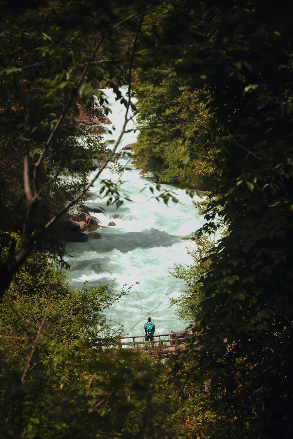 a person standing on a bridge over a river