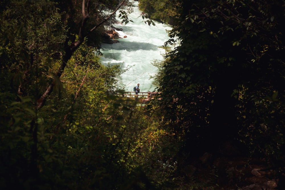 two people standing on a bridge over a river