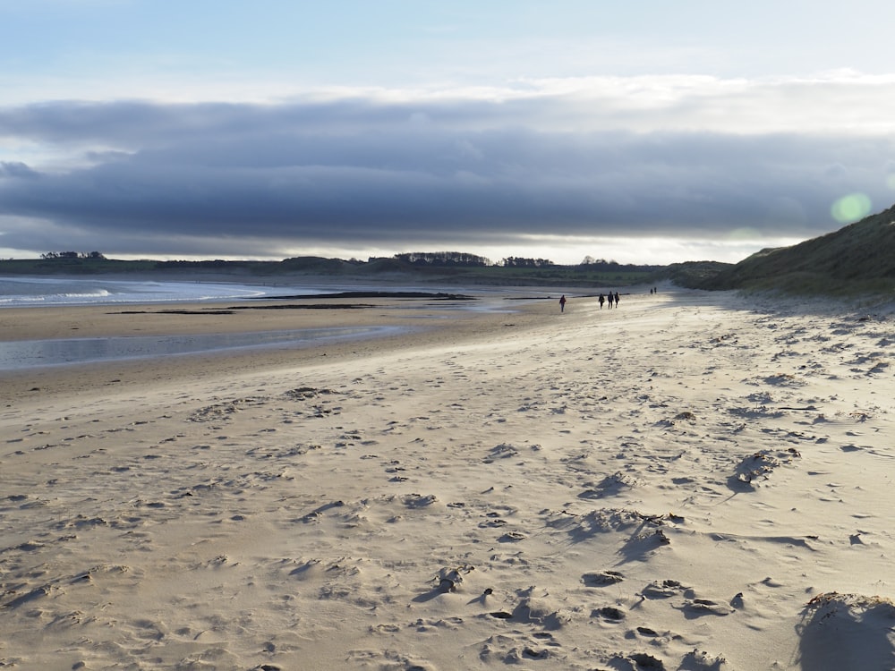 a sandy beach with footprints in the sand