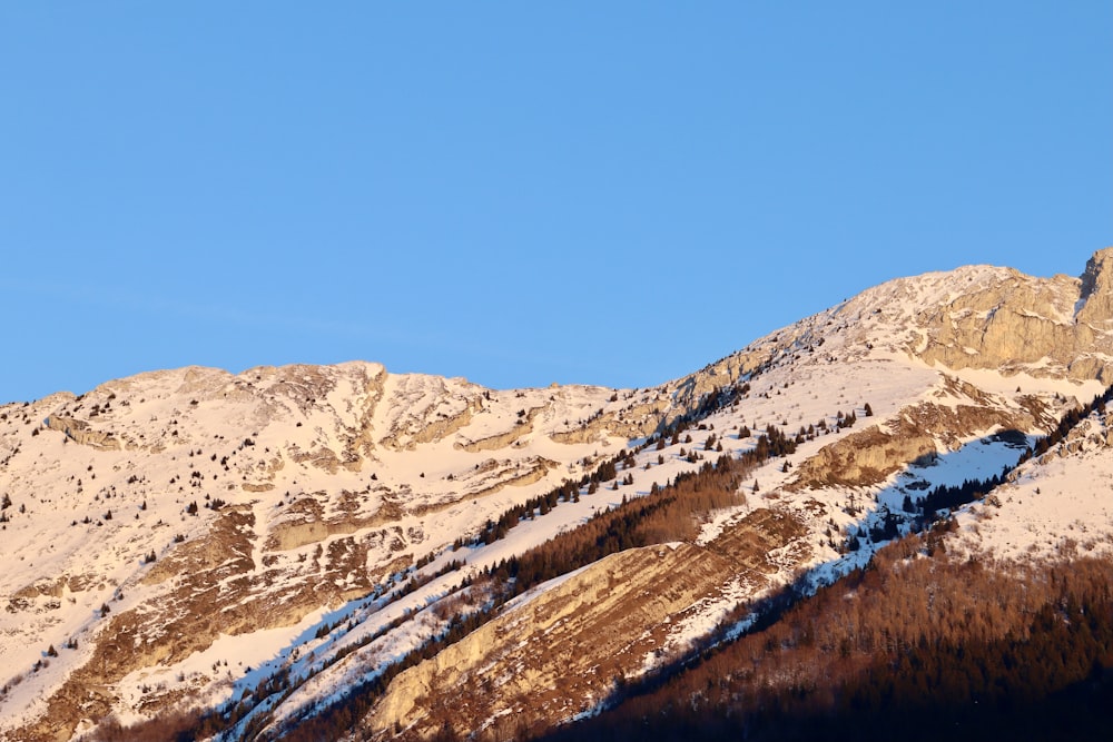 a mountain covered in snow under a blue sky